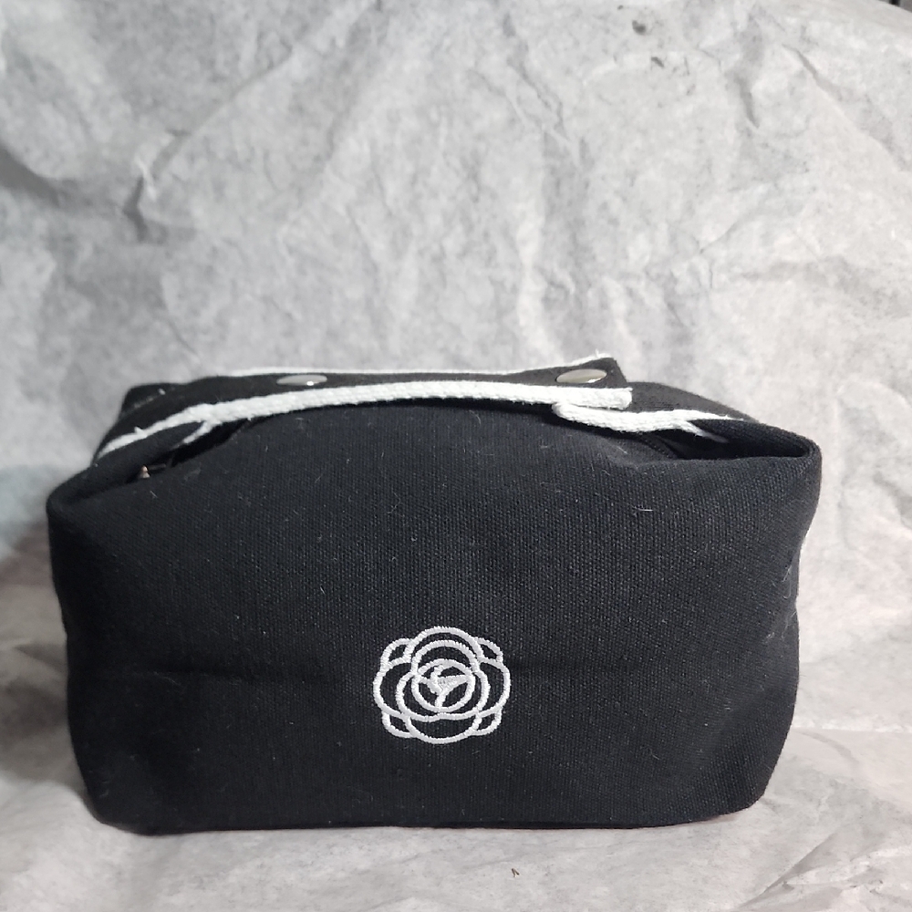 Black Canvas Camellia Cosmetic Bag with White Floral Logo